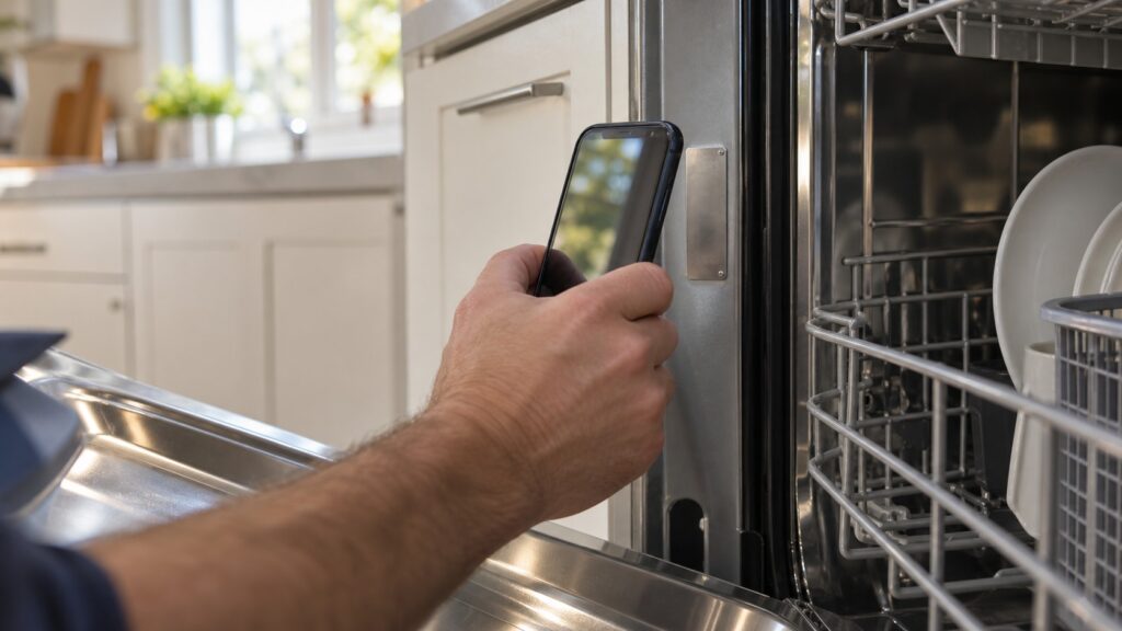 A person's hand holding a phone camera up to a silver appliance rating plate on the inner door frame of a dishwasher, photographing it.