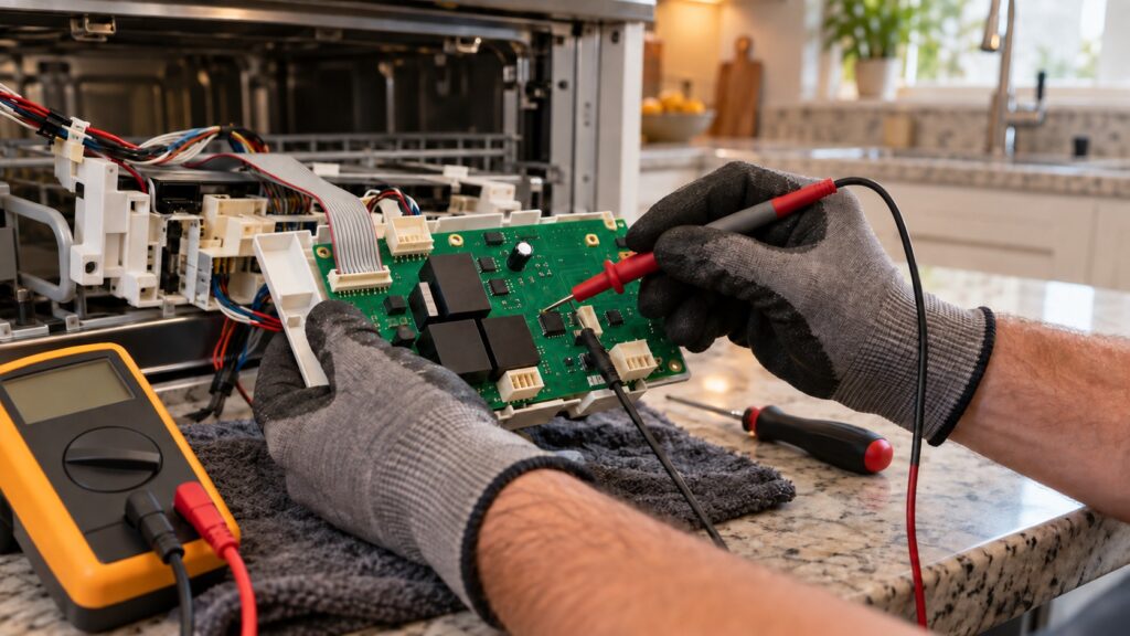 A repair technician's gloved hands holding a multimeter probe against a green appliance control board pulled from its housing, ribbon cables and relays visible.