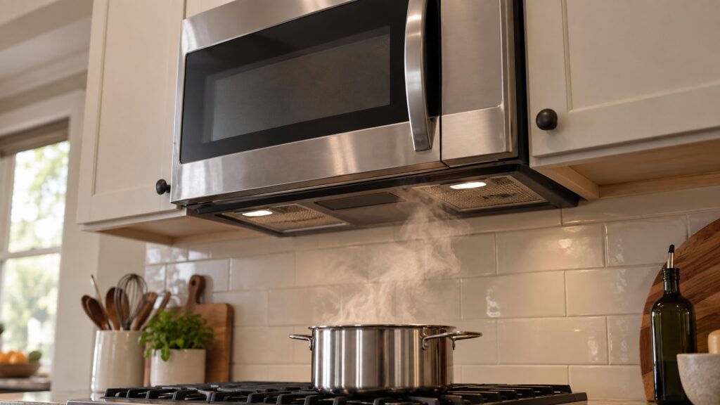 A stainless steel over-the-range microwave mounted above a kitchen range, seen slightly from below so the vent grille along its underside is visible, steam rising from a pot on the cooktop.