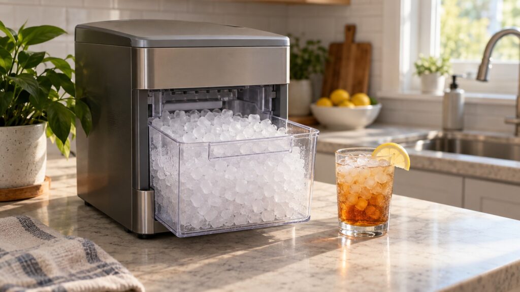 A countertop nugget ice maker on a kitchen counter, its clear bin open and filled with small cylindrical nugget ice, a glass of iced drink beside it.