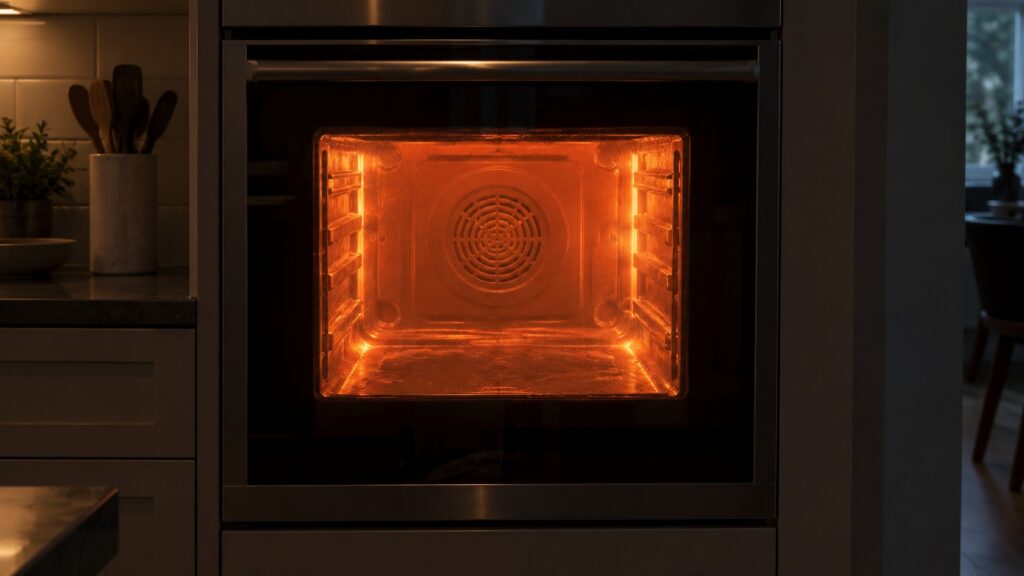 The interior of a wall oven glowing during a high-temperature self-clean cycle, seen through the closed door glass, the cavity walls hot and the racks removed.