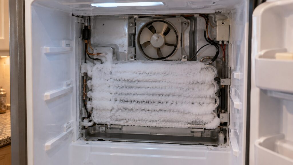 The inside of a refrigerator freezer compartment with the rear panel removed, showing the evaporator coil covered in a thick even sheet of white frost and the fan behind it.