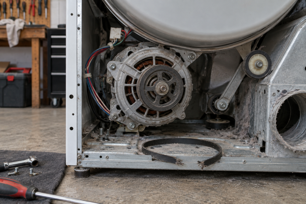 Close-up of a dryer's open rear interior with the back panel removed, showing a round electric drum motor with a pulley and a frayed drive belt fragment lying beside it.