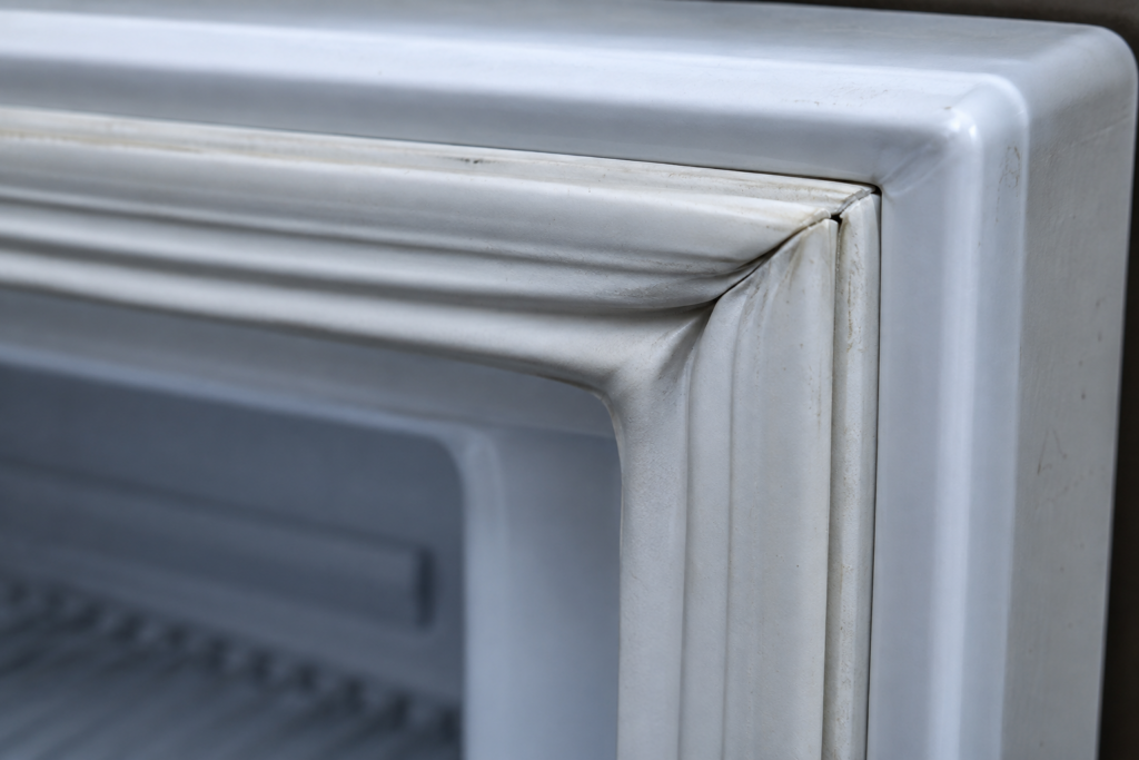 Extreme close-up of a freezer door's rubber gasket seal along the frame edge, showing a slightly deformed pinched corner.