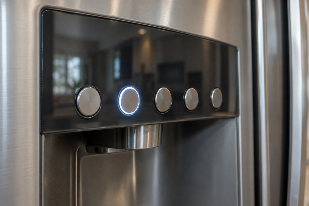 Extreme close-up of a French-door refrigerator's exterior dispenser control panel, one round button glowing among unlit neighboring buttons.