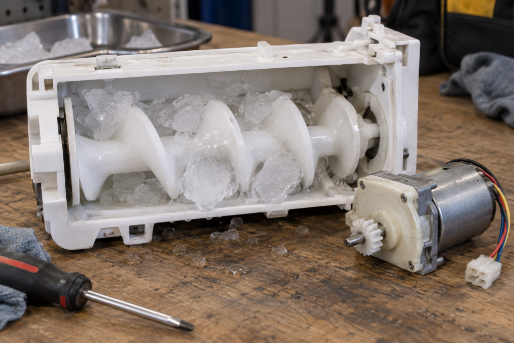 Close-up on a technician's workbench of a removed refrigerator ice maker module, its white plastic ice auger visible with a few ice chunks jammed against it and a small gear motor beside it.