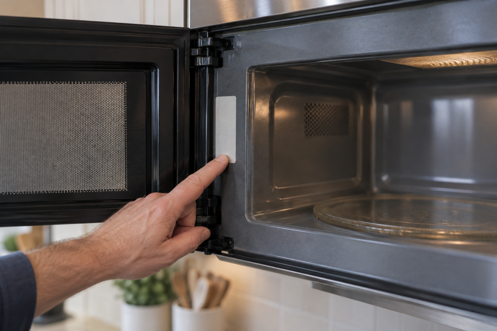 The open door of an over the range microwave with a fingertip resting beside the illegible model and serial plate on the inner cabinet frame.