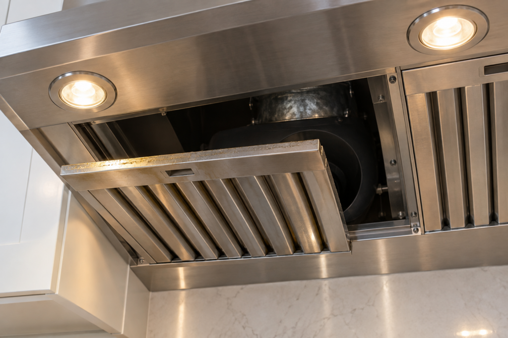 Looking up at a stainless range hood with one baffle grease filter drawn half out of its rails, the blower housing visible behind it.
