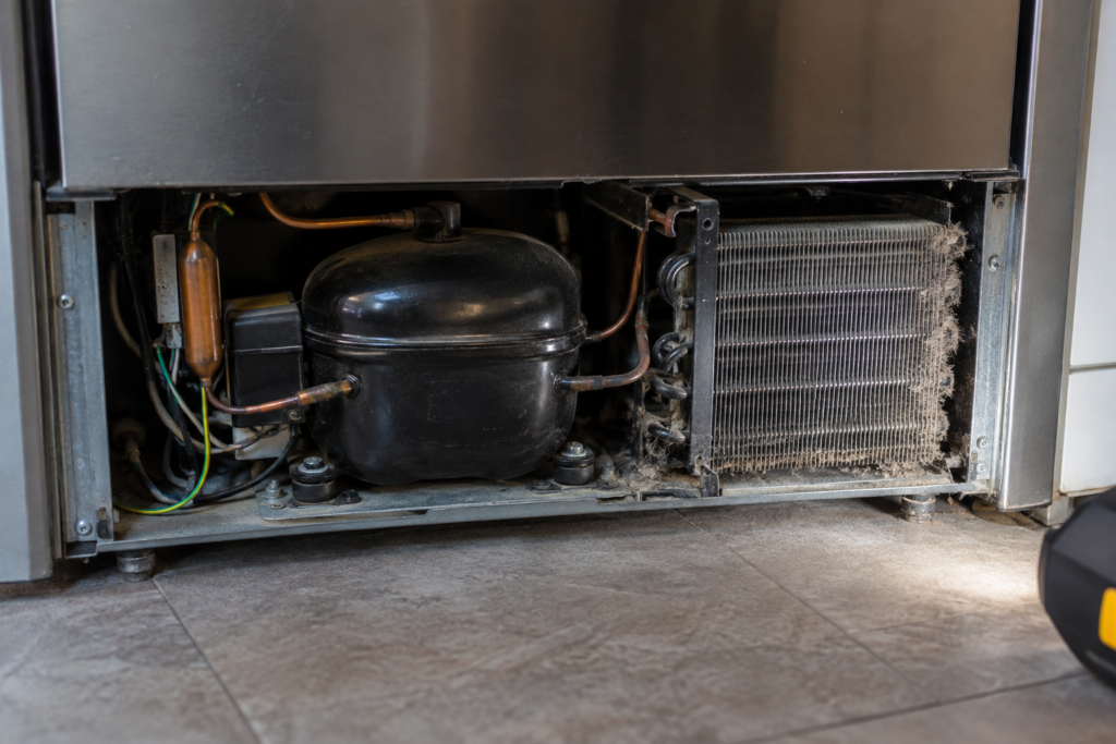 Close-up of the rear of an undercounter wine cooler with its bottom vent grille removed, exposing a compressor and a dusty condenser coil.