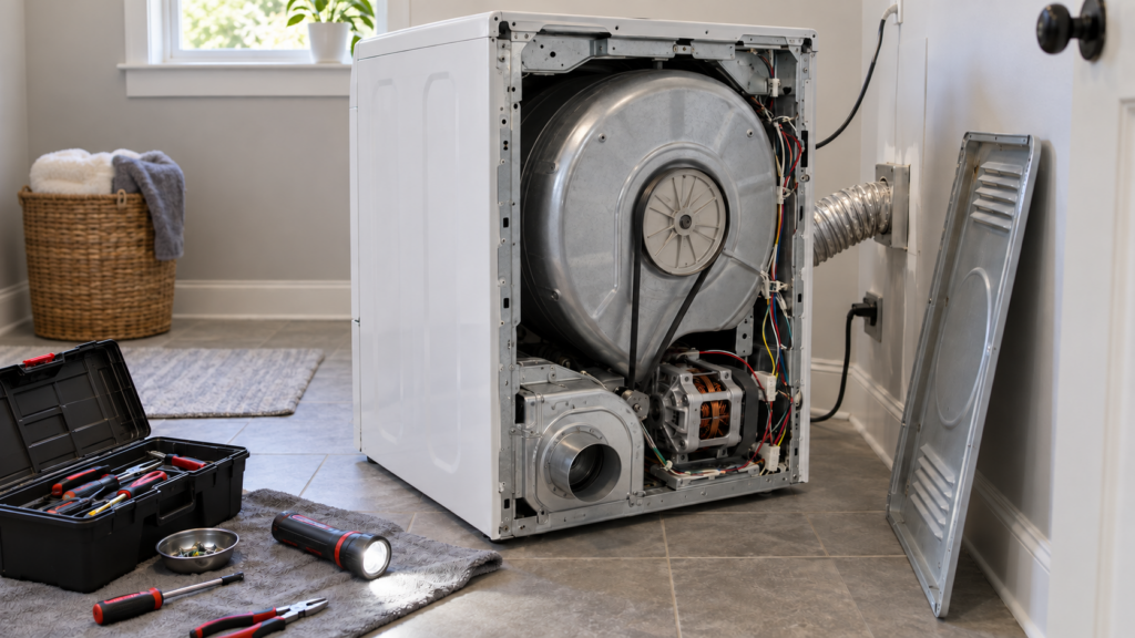A front-load clothes dryer pulled away from the laundry room wall with its rear access panel removed, a technician's toolbox and a flashlight on the floor nearby.
