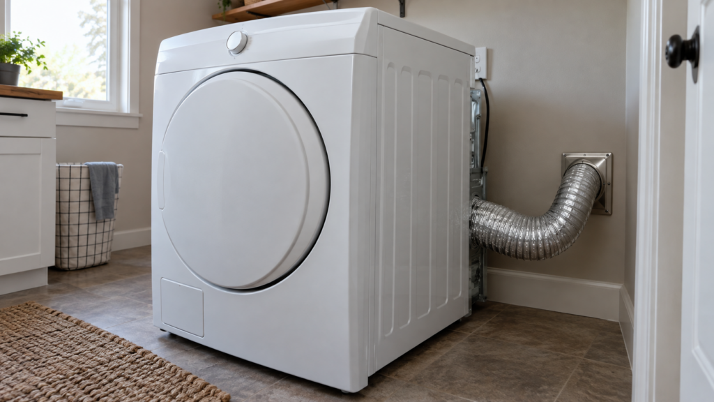 A white front-load clothes dryer in an American laundry room, a flexible exhaust hose running from the back of the machine toward a wall vent.