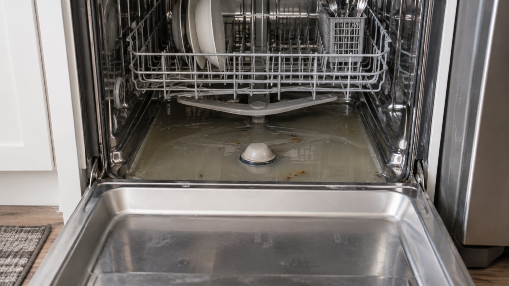 Shallow dirty standing water in the bottom of a stainless dishwasher tub around the domed overfill float, the door dropped open.