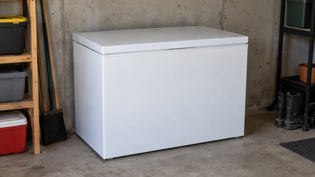 A standalone white chest freezer in an American garage, lid closed, positioned against a concrete wall.