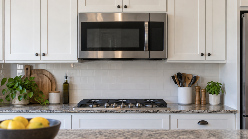 A stainless over-the-range microwave mounted above a gas cooktop, door closed and its display dark.