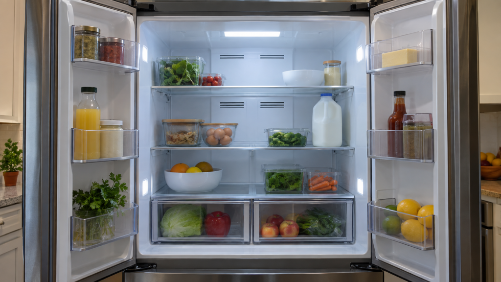 The inside of a french door refrigerator with shelves half empty and the slotted air vents at the rear wall in view.