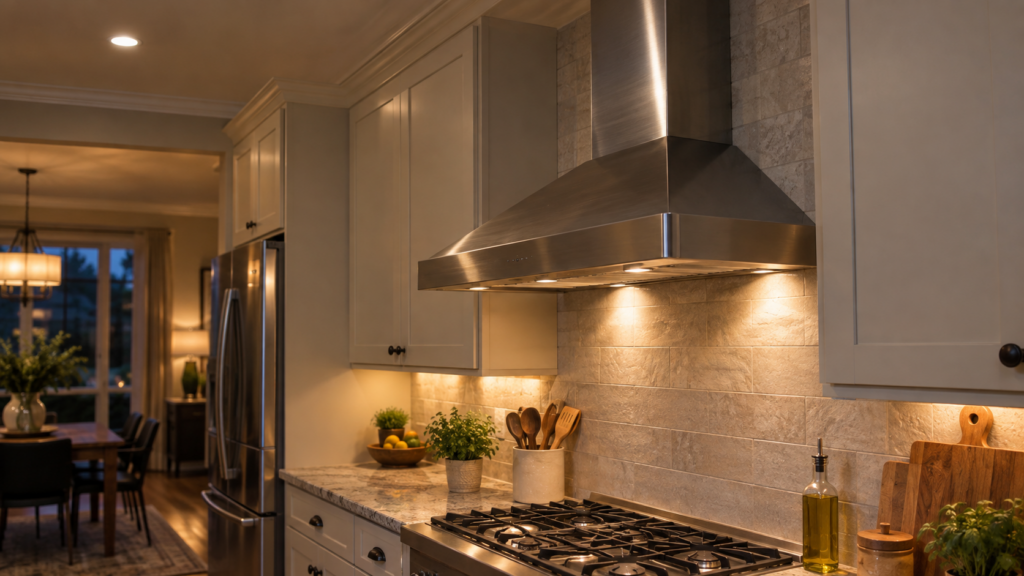 A stainless wall mounted range hood seen from the side, its duct chimney rising to the ceiling, work lights on.
