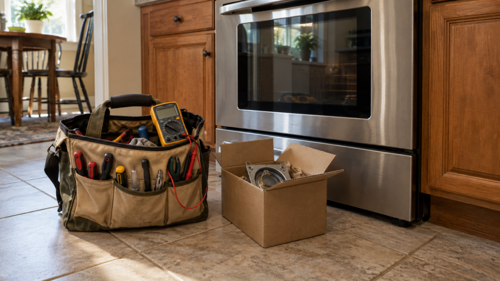 An open tool bag and a spare part box on a kitchen floor beside a stainless range, a multimeter on top of the bag.