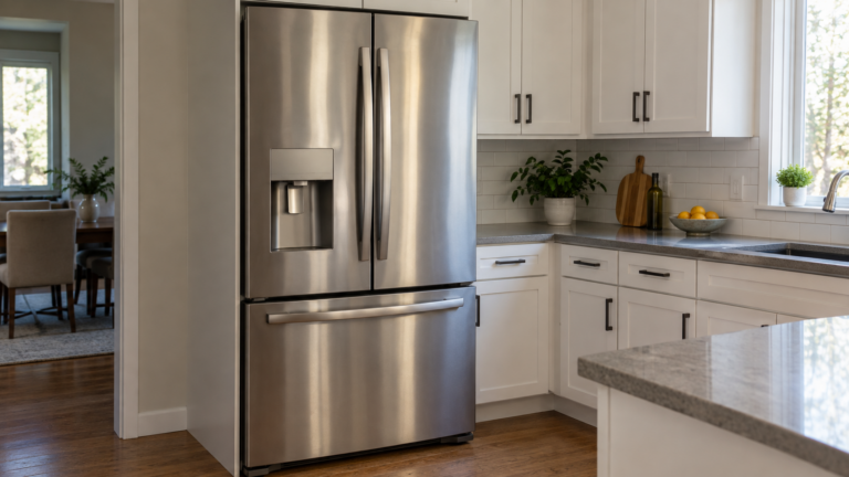 A tall French-door refrigerator in an American kitchen, its exterior water and ice dispenser panel visible on the door.