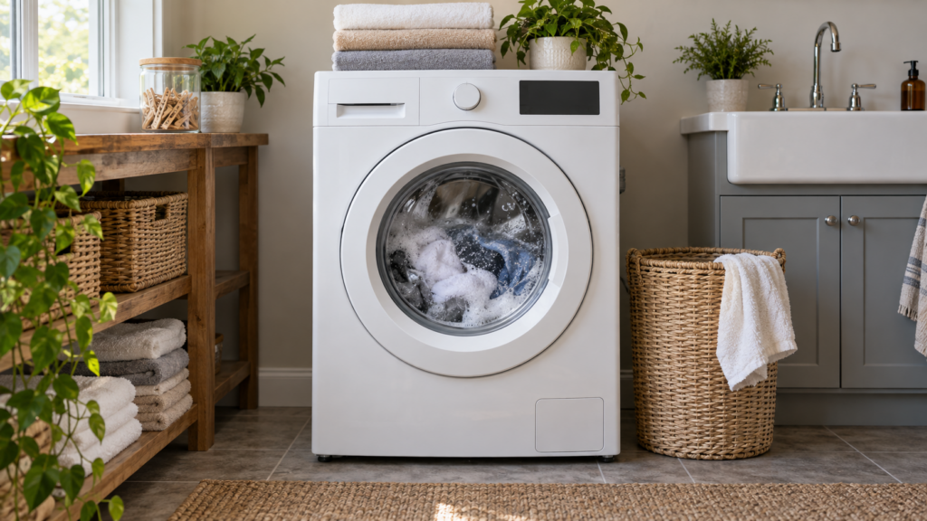 A front-load washing machine seen straight on, with suds and water tumbling behind the glass door mid cycle.