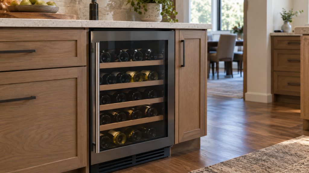 An undercounter wine cooler built into American kitchen cabinetry, its glass door closed and showing rows of wine bottles inside.