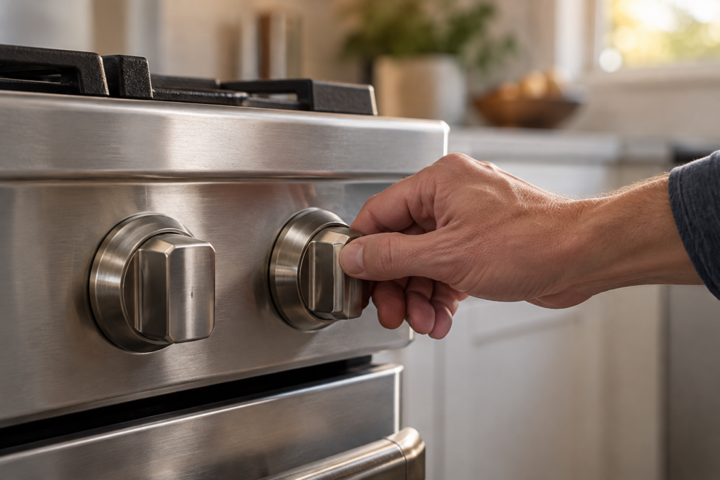 Close view of two heavy metal control knobs on a premium freestanding range with a hand turning one of them, the brushed metal finish catching soft side light, the American kitchen blurred behind.