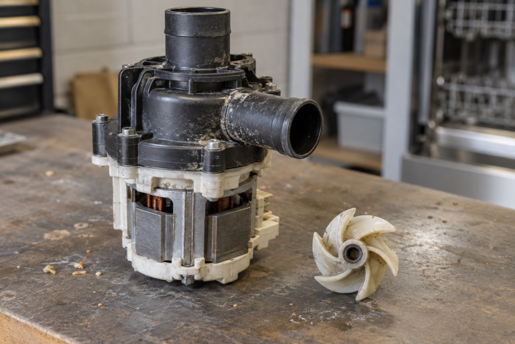 A removed dishwasher drain pump and motor assembly standing on a workbench beside a loose plastic impeller, a few dried food flecks on the bench, soft overhead light from the left.