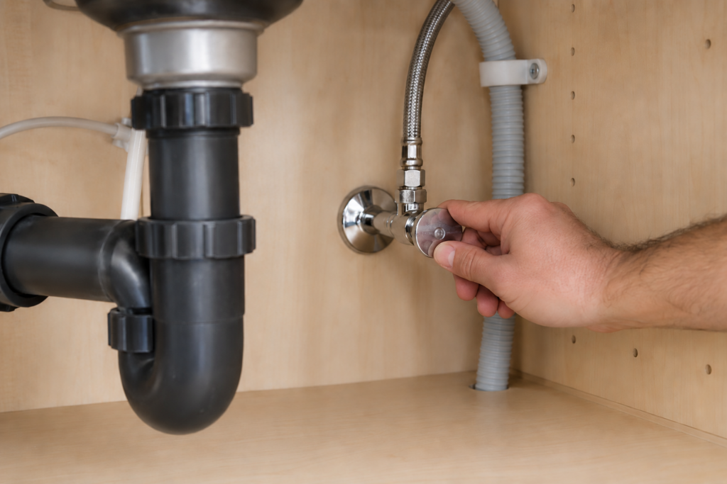 Inside a cabinet under a kitchen sink, a small chrome angle valve on the supply line that feeds the dishwasher, a hand resting on its oval handle, the cabinet floor dry and clean, soft light from above.