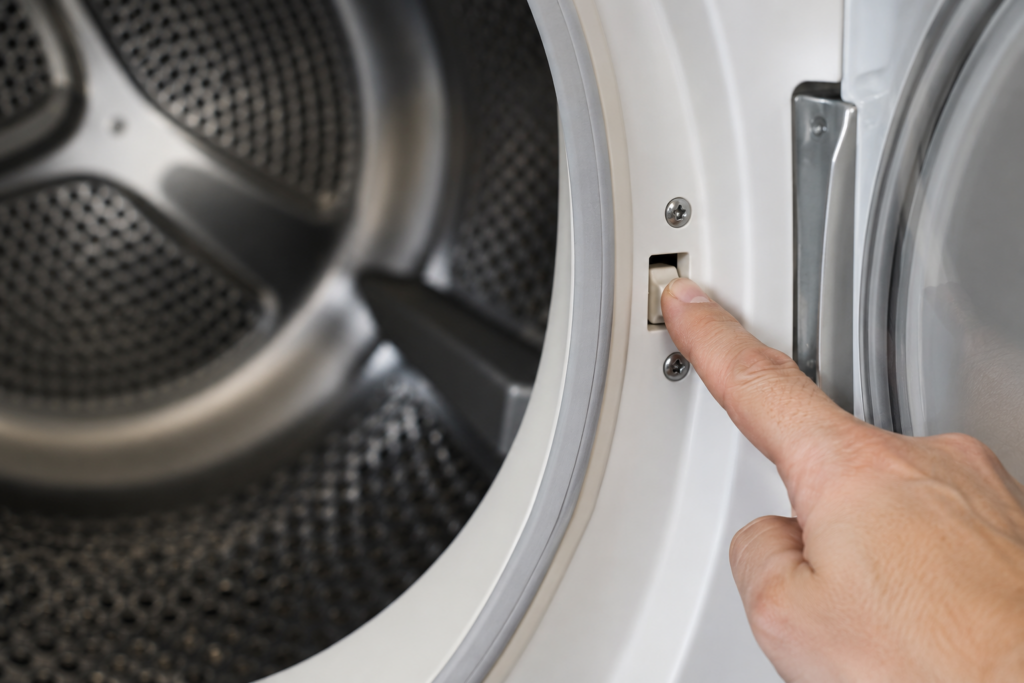 A fingertip presses the small door switch tab at the frame edge of a front-load dryer opening.