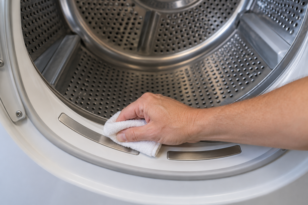 Close view inside a clothes dryer drum at the front opening where two curved bare metal strips run along the lower edge, a hand with a folded cloth wiping one of them, soft light coming from the doorway.