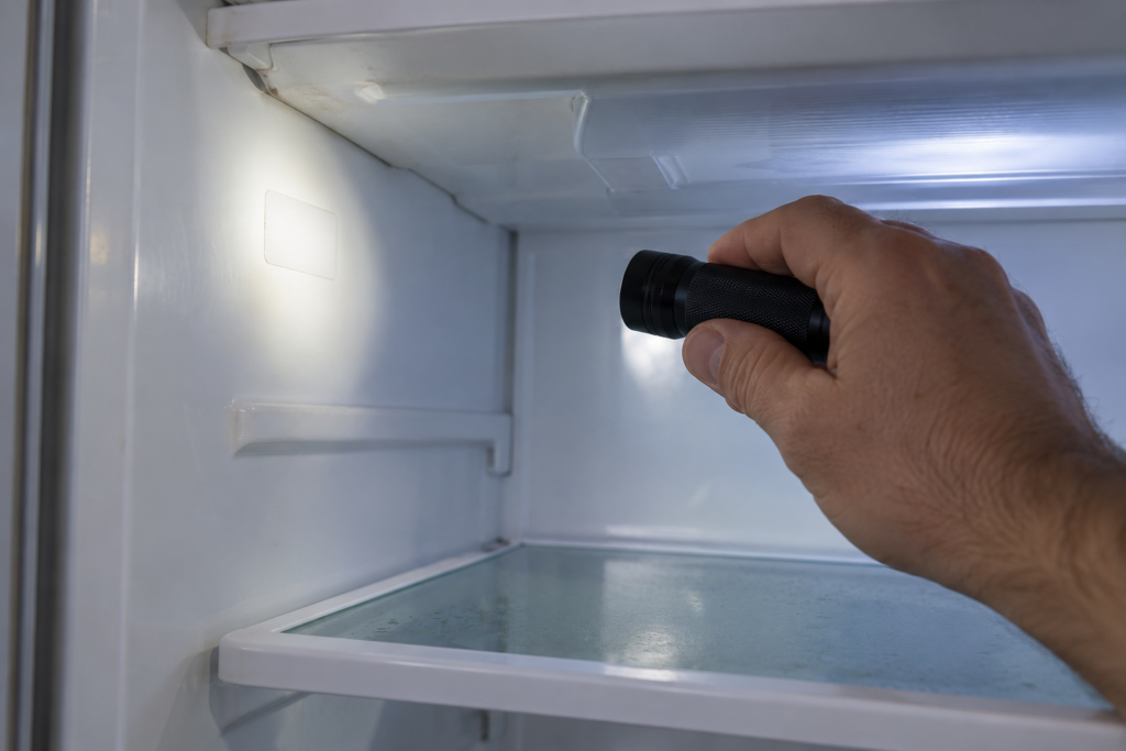 A hand shining a small flashlight on a white rating label stuck high on the left wall of a refrigerator's fresh food compartment.