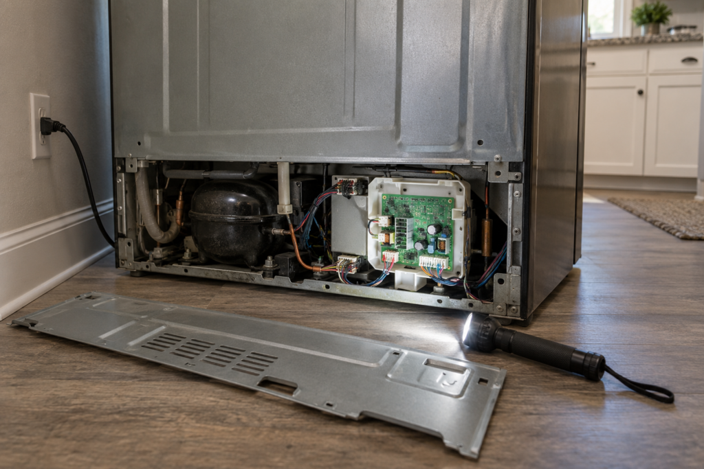 The lower rear of a French-door refrigerator pulled away from the wall with its rear service cover lifted off, a small electronic control board in a plastic housing exposed, a flashlight beam resting on it.