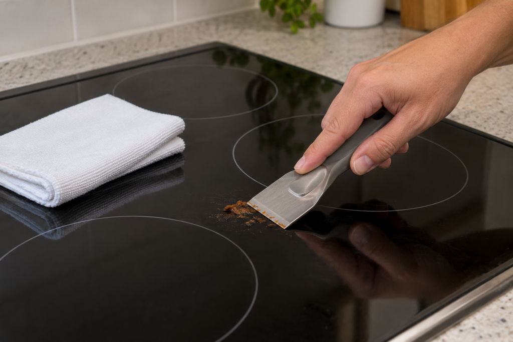 A hand holding a flat cooktop scraper at a shallow angle against a cool glass cooktop to lift a small dried spot.