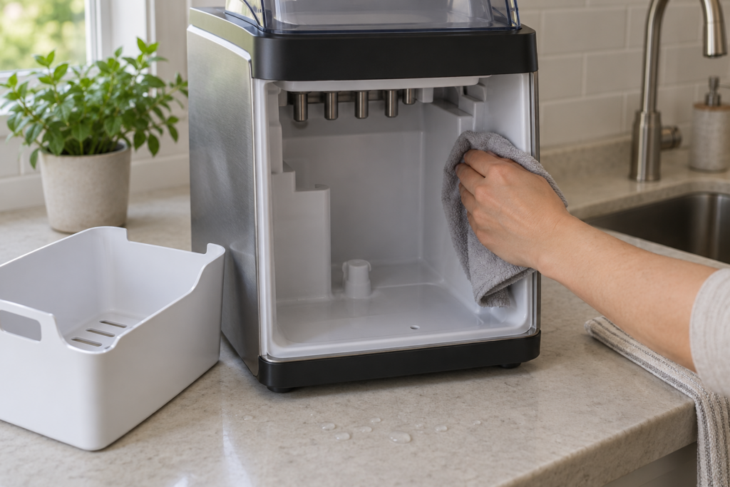 A soft cloth wiping the inside wall of the empty reservoir of a countertop nugget ice maker with its bin removed and set beside it, a few drops of clear liquid on the counter, soft daylight.