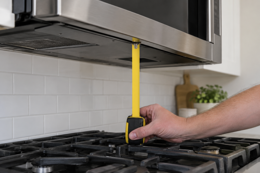 A tape measure held in the gap between the underside of an over-the-range microwave and the cooktop.