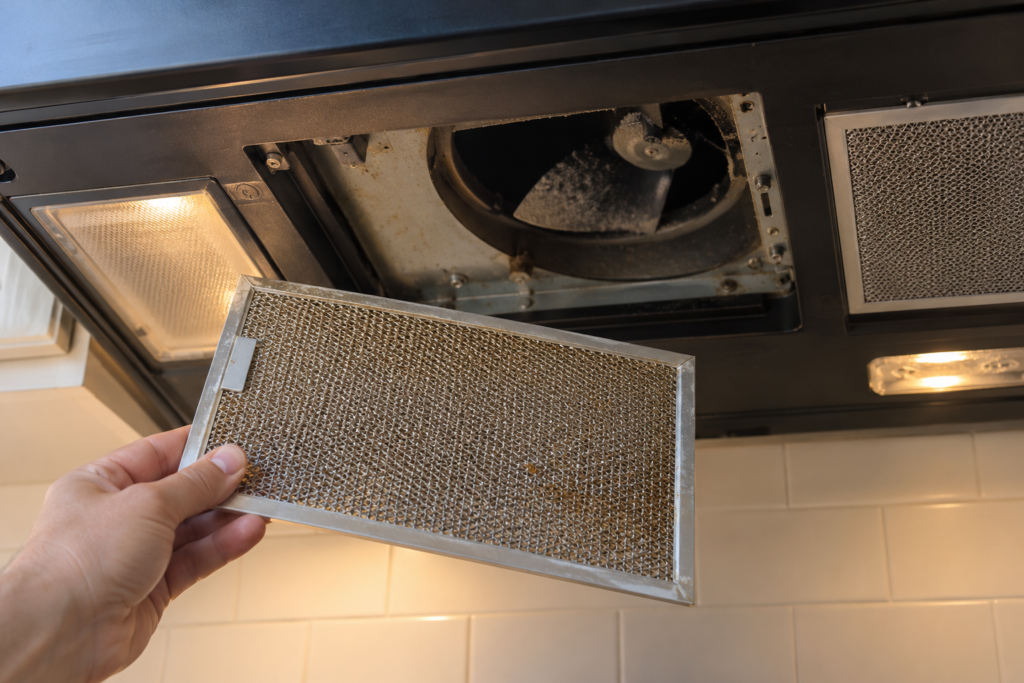 The underside of an over-the-range microwave with its metal grease filter slid out and held in one hand, the round vent opening and a dusty fan blade visible above, light from the range below.