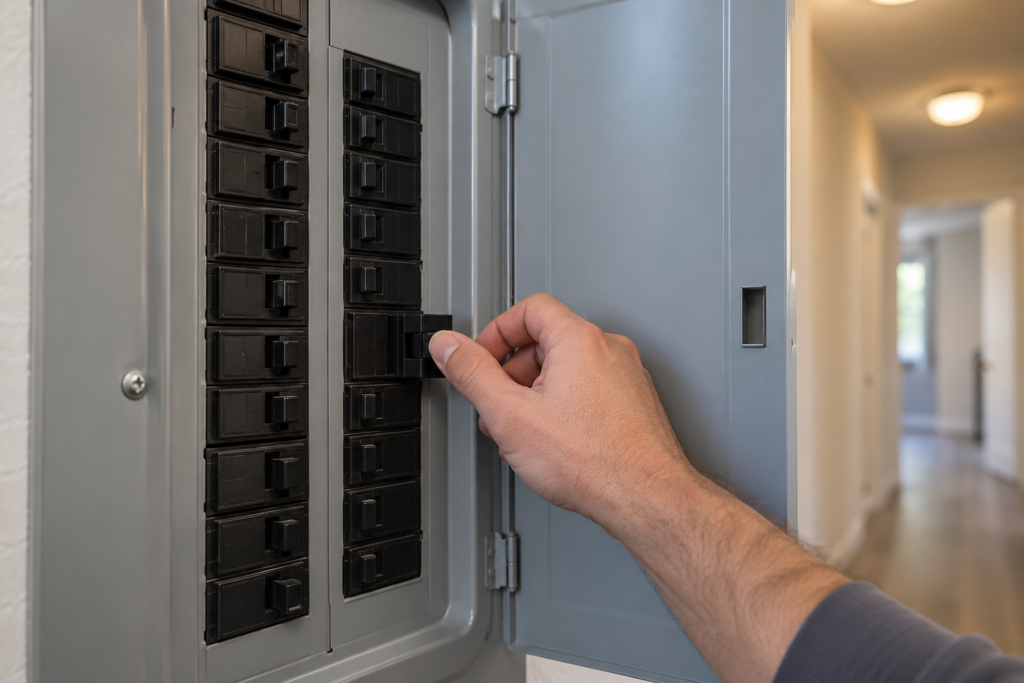 A residential breaker panel with its door open, a hand resting on the lever of one wide double-pole breaker in the off position, the other breakers blurred, soft light from a hallway, labels left blank.