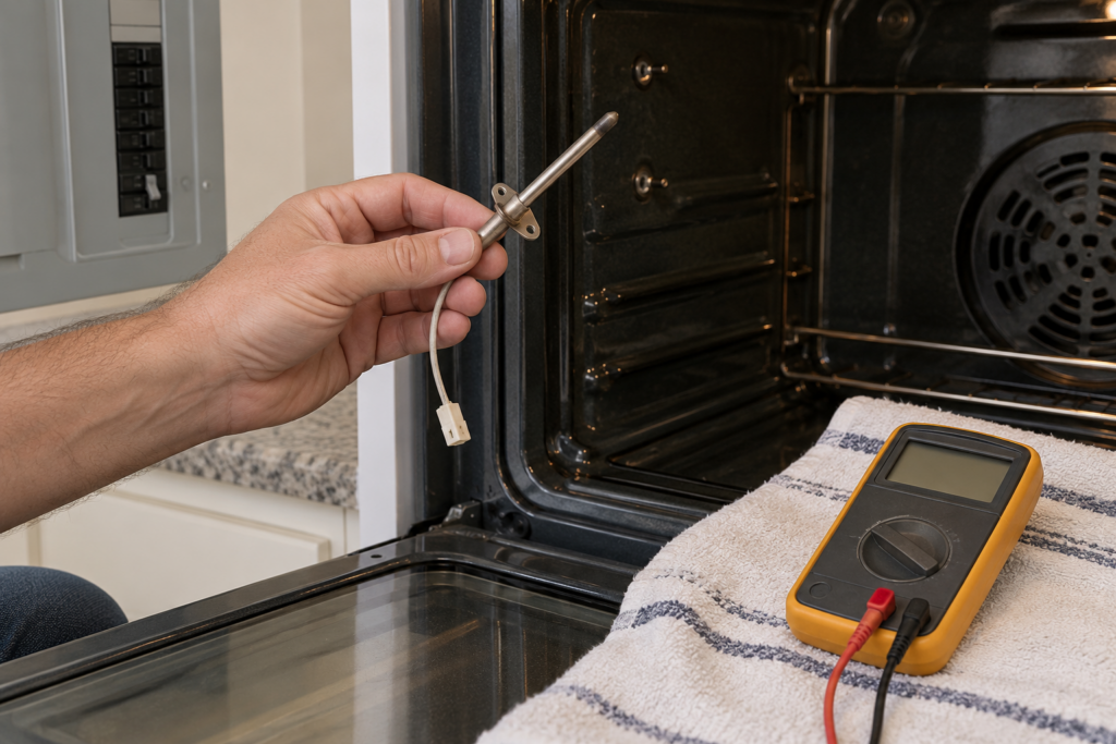 A hand holding a slim oven temperature probe with its short wire and plug beside a multimeter with a blank screen.