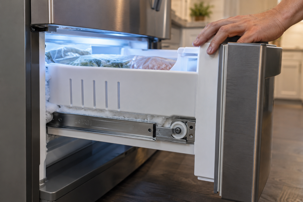 A hand resting on the edge of a pulled-out freezer drawer beside its side rail and roller, with a little frost nearby.