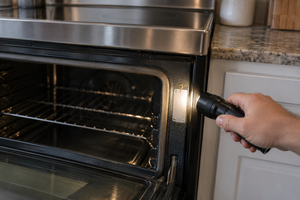 A flashlight beam falls on the data plate on the frame of an open range oven door.