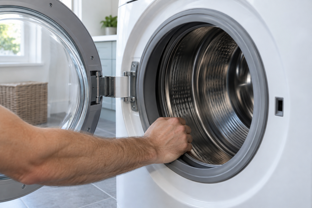 A bare forearm and hand reaching into an empty front-load washer drum and turning it by the inner rim, the door open, the drum slightly blurred as it turns, cool laundry room daylight.