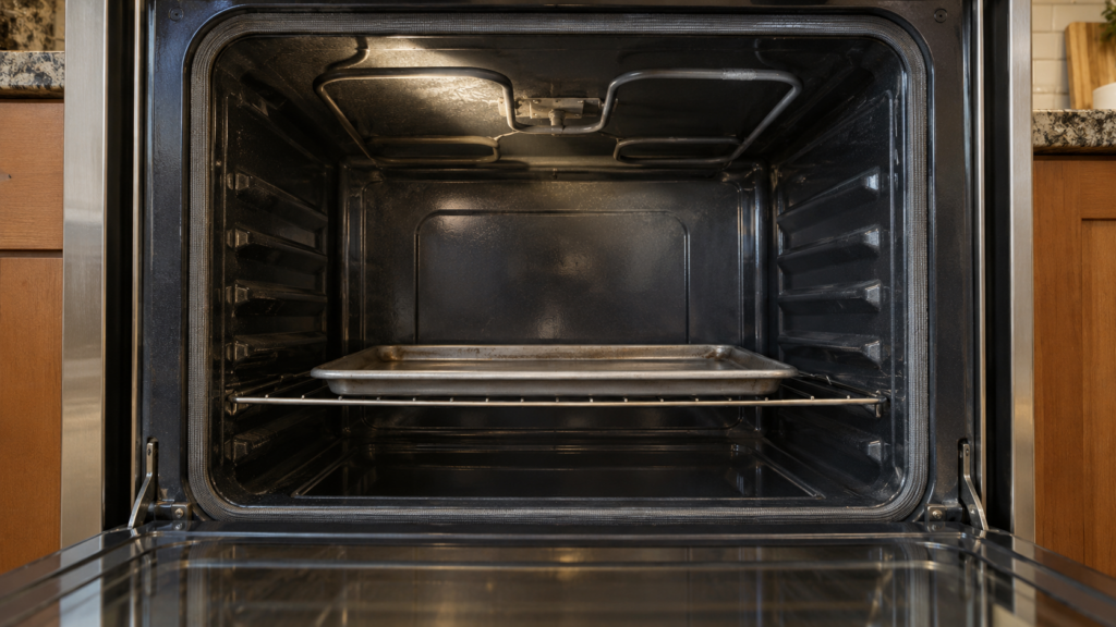 An empty electric oven cavity with a cold broil element across the ceiling showing one blistered spot.