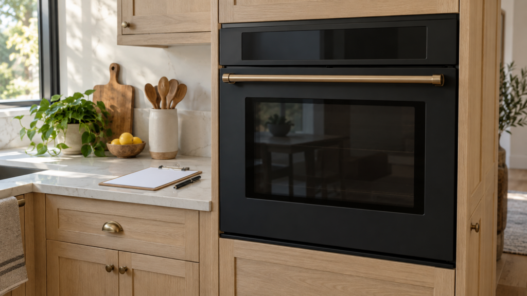 A matte black built-in wall oven with a brushed bronze handle, door closed, set into a pale wood cabinet wall in an American kitchen, a clipboard and a pen resting on the counter beside it, soft morning light.
