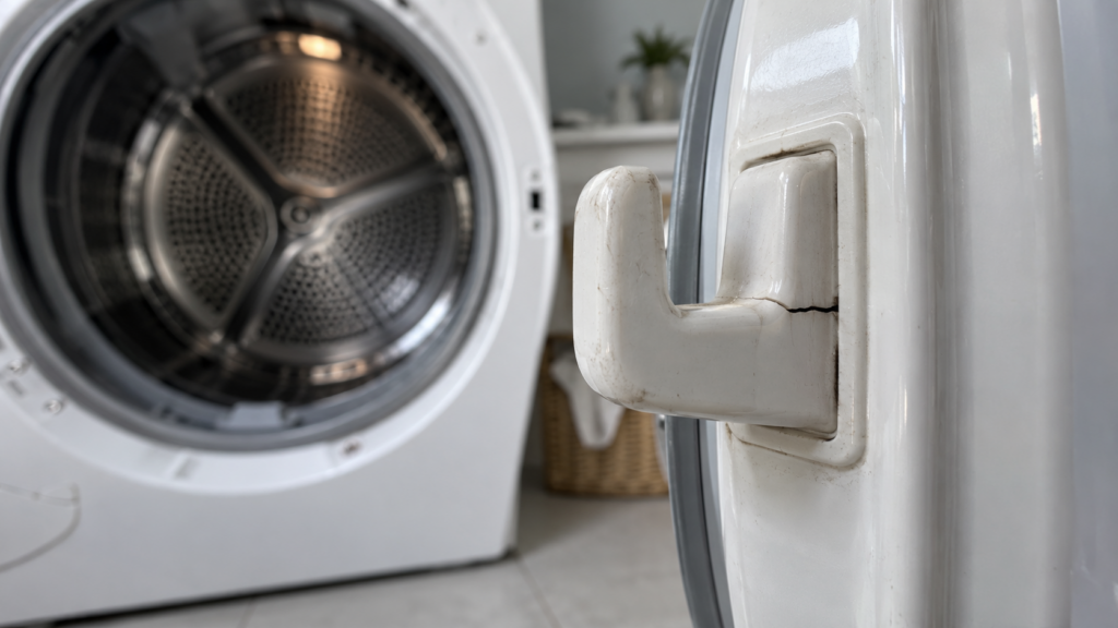 The plastic latch hook on the inside edge of an open dryer door with a hairline crack at its base.