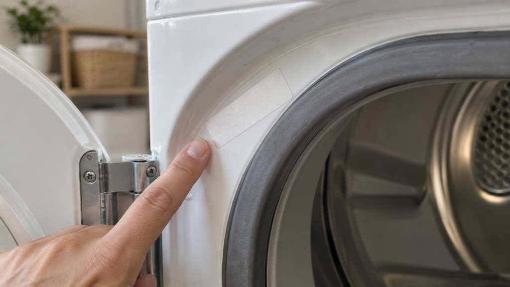 The inner door frame of a white clothes dryer with a rectangular rating label stuck to the metal, a fingertip resting beside it, the laundry room blurred behind, even light with no flash and the label illegible.