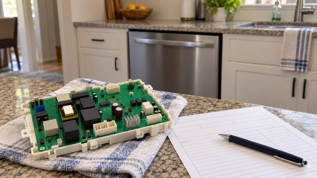 A dishwasher control board lying on a towel beside a blank estimate form and a pen.