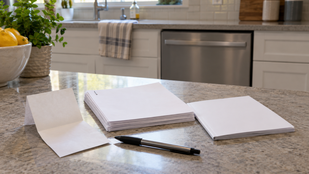 A folded receipt, a stapled stack of plain blank papers and a closed owner manual with a blank cover lying on a kitchen counter beside a pen, a dishwasher with its door closed blurred in the background, morning light, an American home. A dishwasher, not an oven.