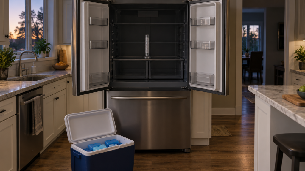 A French-door refrigerator with both doors open and its interior dark, a standing glass thermometer on a shelf and a cooler with ice packs on the kitchen floor in front, an American kitchen, soft evening light from the window. A refrigerator, not an oven.