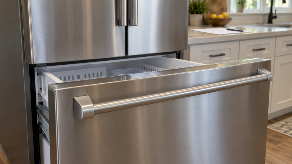 The front of a bottom freezer drawer with its long horizontal handle and both end mounts in focus.