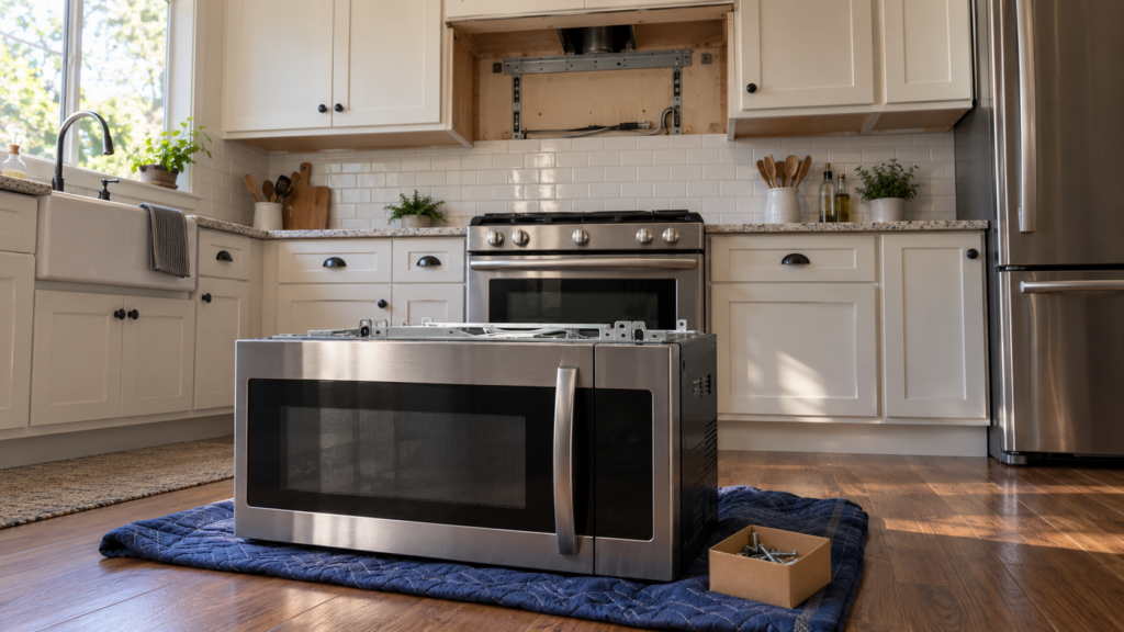 An over-the-range microwave lowered from its wall bracket and resting on a folded moving blanket on a kitchen floor, the empty cabinet cutout above a range visible behind it and a small box of mounting screws beside the blanket, an American home, bright afternoon light.