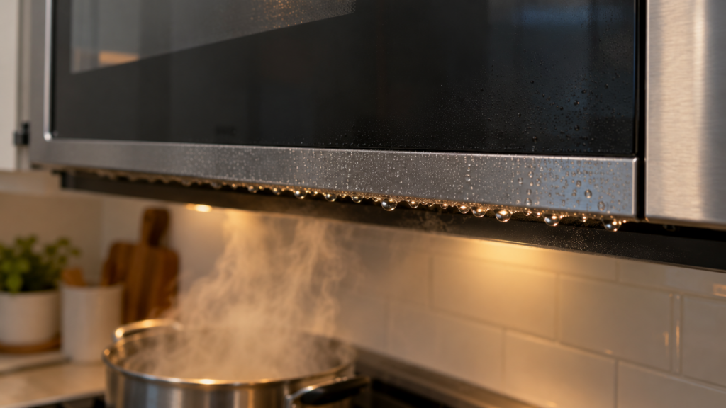 Extreme close-up of the flat membrane keypad edge of an over-the-range microwave with fine beads of condensation along the lower border of the panel, a pot steaming on the cooktop blurred below, soft evening kitchen light.